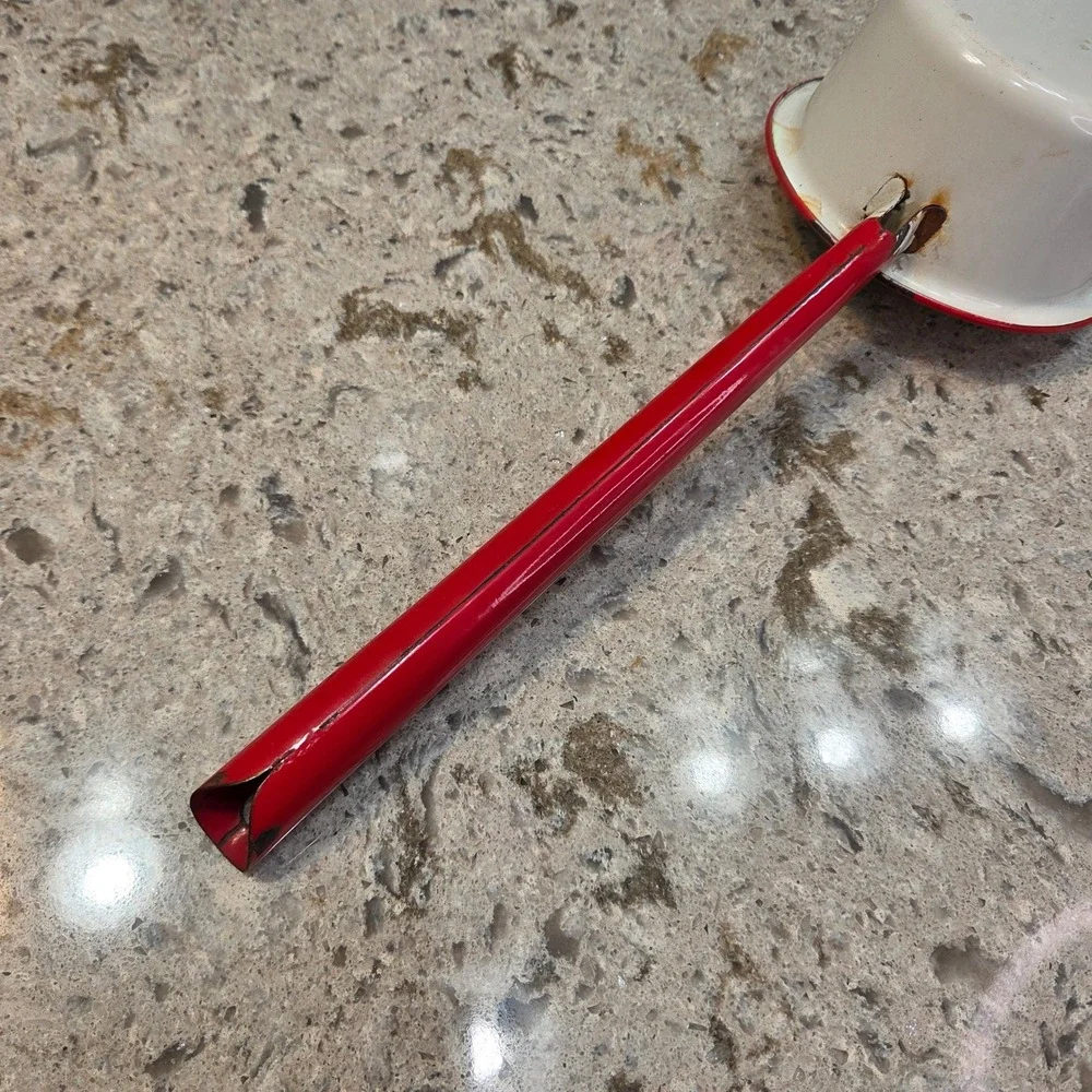 Vintage Enamelware Water Dipper Ladle White Red Rim Farmhouse Primitive 13.5